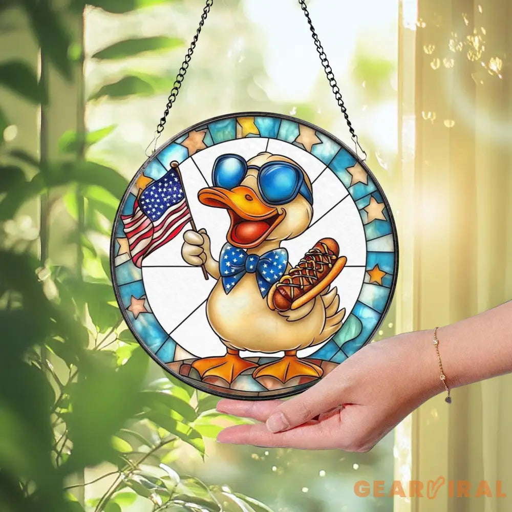 Funny Duck 4th of July Stained Glass Suncatcher Patriotic Window Hanging with Hot Dog & USA Flag Summer BBQ Party Decor