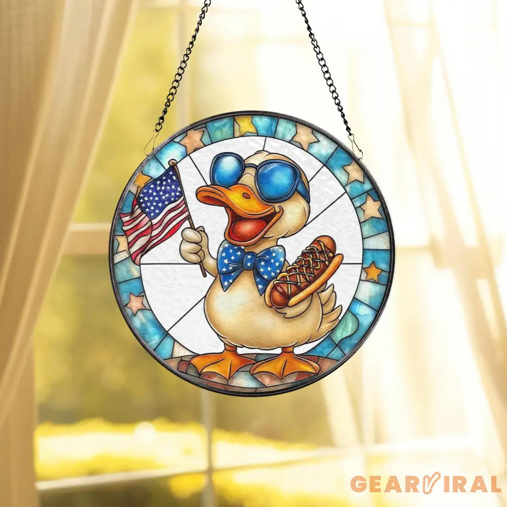 Funny Duck 4th of July Stained Glass Suncatcher Patriotic Window Hanging with Hot Dog & USA Flag Summer BBQ Party Decor