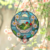 Funny Frog in Hammock Stained Glass Suncatcher Relaxing Garden Frog Window Panel Daisy Flower Decor for Porch or Sunroom