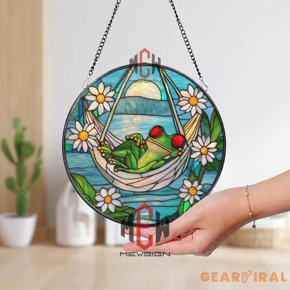 Funny Frog in Hammock Stained Glass Suncatcher Relaxing Garden Frog Window Panel Daisy Flower Decor for Porch or Sunroom