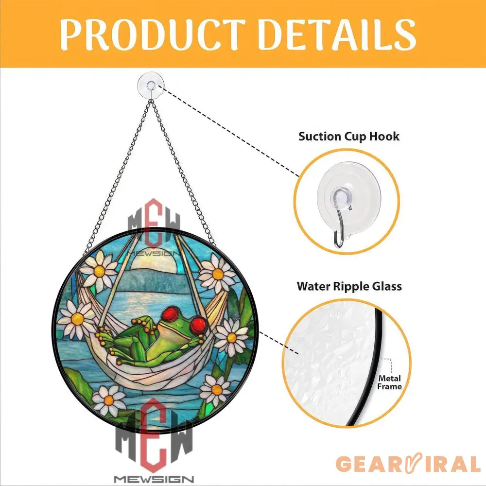 Funny Frog in Hammock Stained Glass Suncatcher Relaxing Garden Frog Window Panel Daisy Flower Decor for Porch or Sunroom