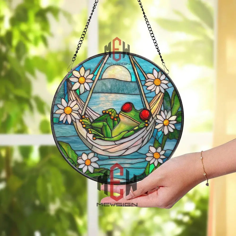 Funny Frog in Hammock Stained Glass Suncatcher Relaxing Garden Frog Window Panel Daisy Flower Decor for Porch or Sunroom