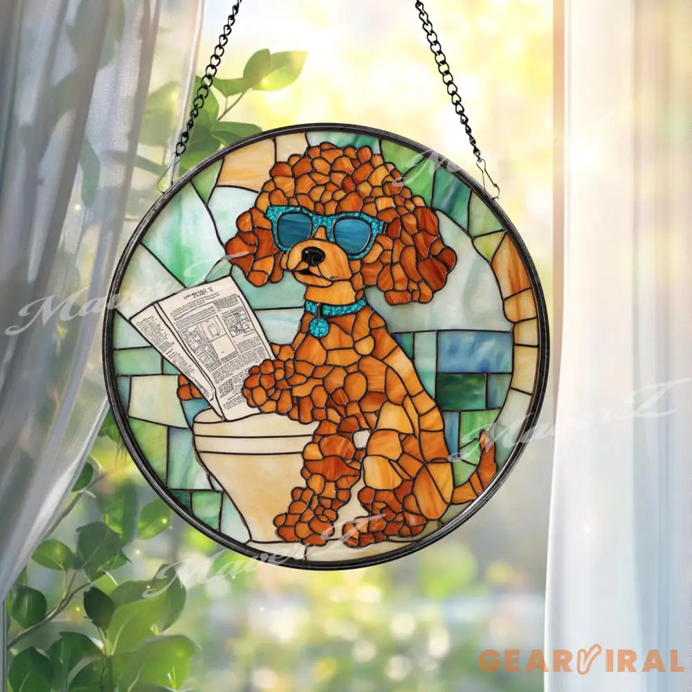 Funny Poodle Bathroom Stained Glass Suncatcher Dog on Toilet with Newspaper Humorous Pet Window Hanging Gift for Dog