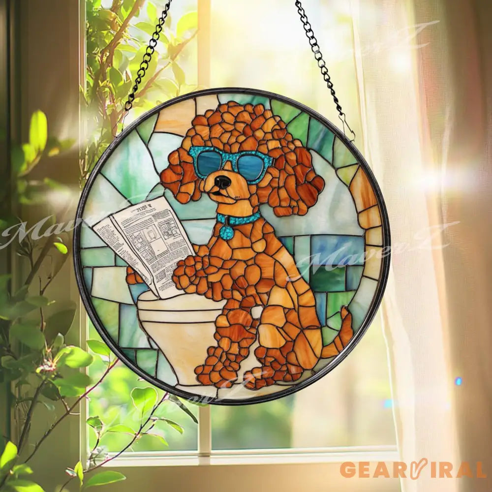 Funny Poodle Bathroom Stained Glass Suncatcher Dog on Toilet with Newspaper Humorous Pet Window Hanging Gift for Dog