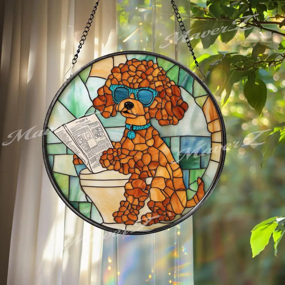 Funny Poodle Bathroom Stained Glass Suncatcher Dog on Toilet with Newspaper Humorous Pet Window Hanging Gift for Dog