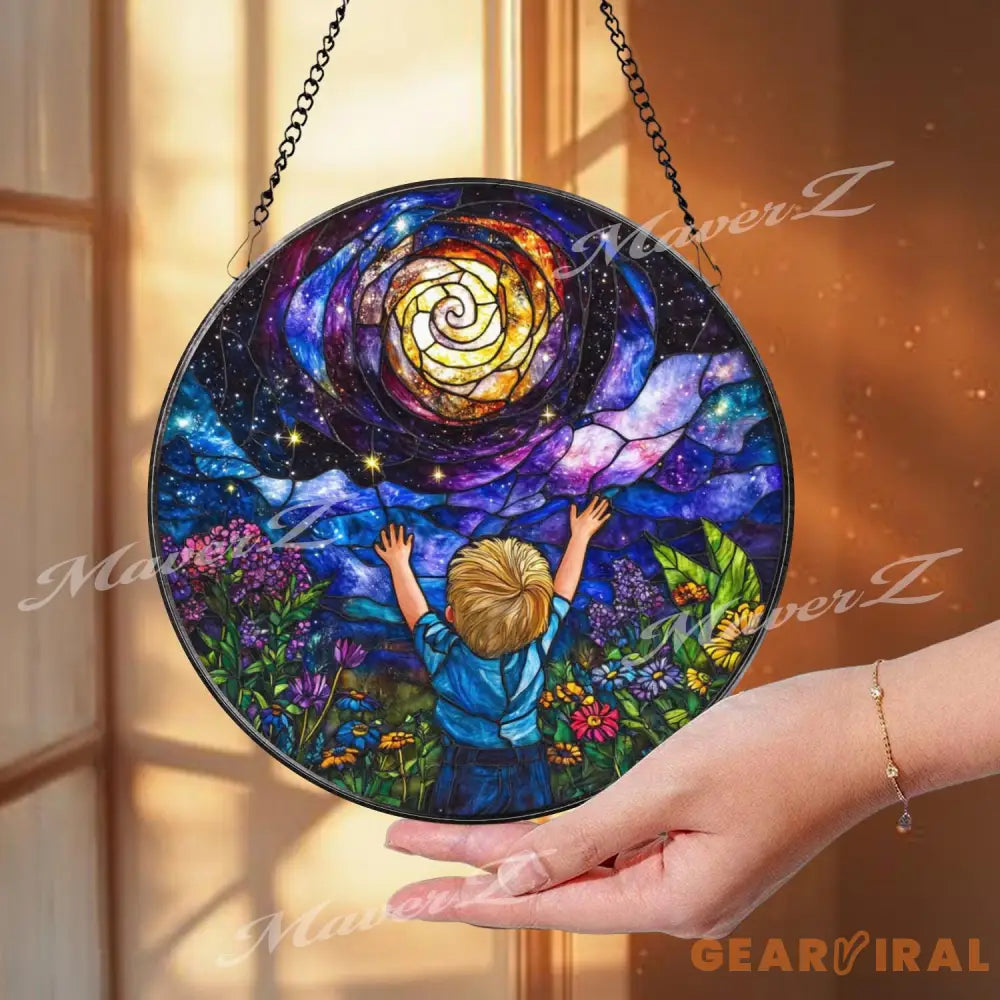 Galaxy Dream Stained Glass Suncatcher Cosmic Boy Window Panel Whimsical Universe Decor Gift for Kids Room or Stargazer