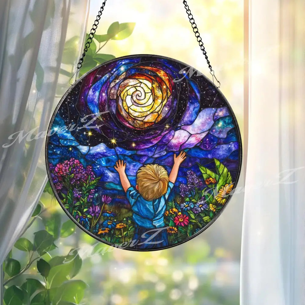 Galaxy Dream Stained Glass Suncatcher Cosmic Boy Window Panel Whimsical Universe Decor Gift for Kids Room or Stargazer