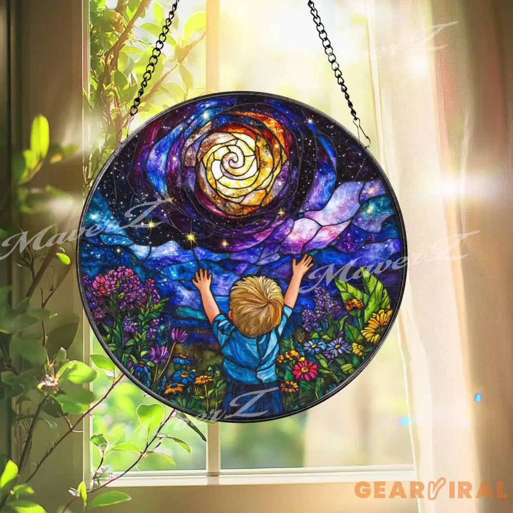 Galaxy Dream Stained Glass Suncatcher Cosmic Boy Window Panel Whimsical Universe Decor Gift for Kids Room or Stargazer