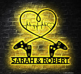 Gaming Couple Metal sign LED light Personalized - Heart Game Controller - Gifts for Couple - Video game Custom Name Metal wall art | GearViral