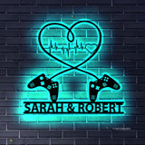 Gaming Couple Metal sign LED light Personalized - Heart Game Controller - Gifts for Couple - Video game Custom Name Metal wall art | GearViral