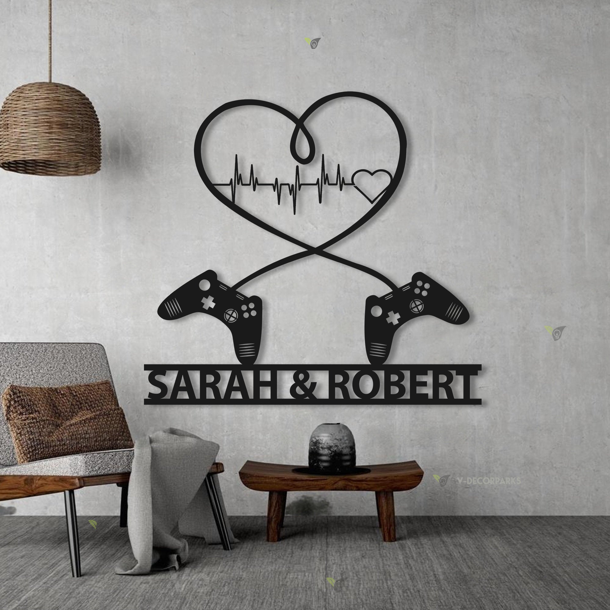 Gaming Couple Metal sign LED light Personalized - Heart Game Controller - Gifts for Couple - Video game Custom Name Metal wall art | GearViral