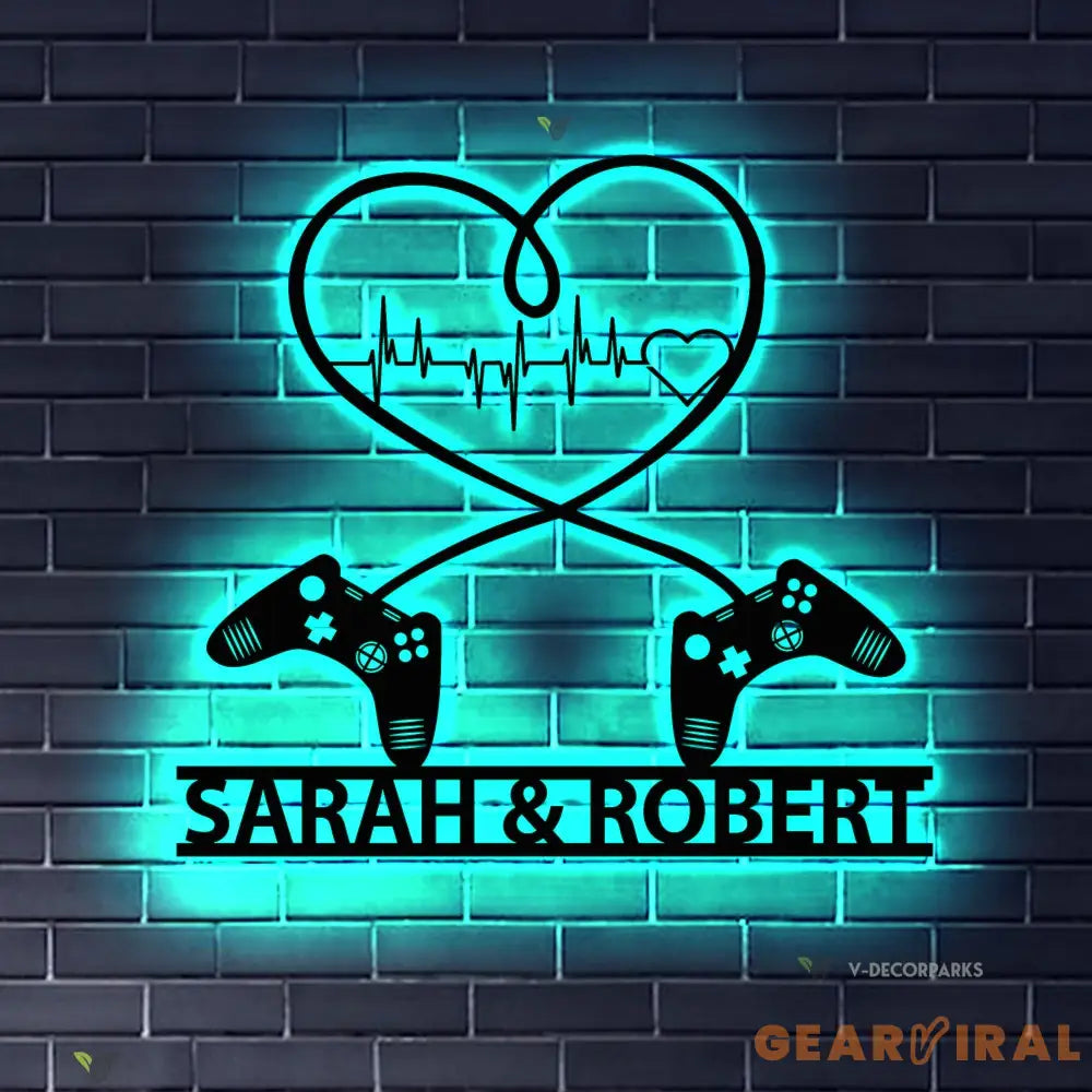Gaming Couple Metal sign LED light Personalized - Heart Game Controller - Gifts for Couple - Video game Custom Name