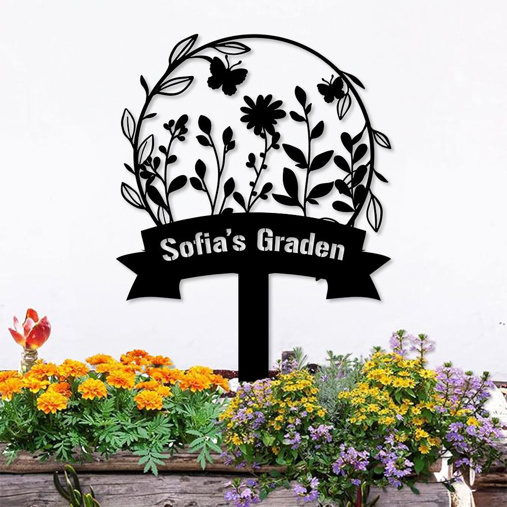 Garden Bufterfly Metal Sign, Flower Sign with Stakes, Outdoor Metal Sign, Metal Yard Art, Housewarming Gift, Garden Decor, Gifts for Mom
