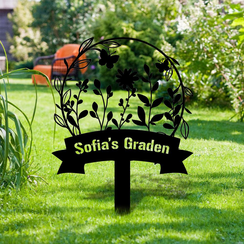 Garden Bufterfly Metal Sign, Flower Sign with Stakes, Outdoor Metal Sign, Metal Yard Art, Housewarming Gift, Garden Decor, Gifts for Mom