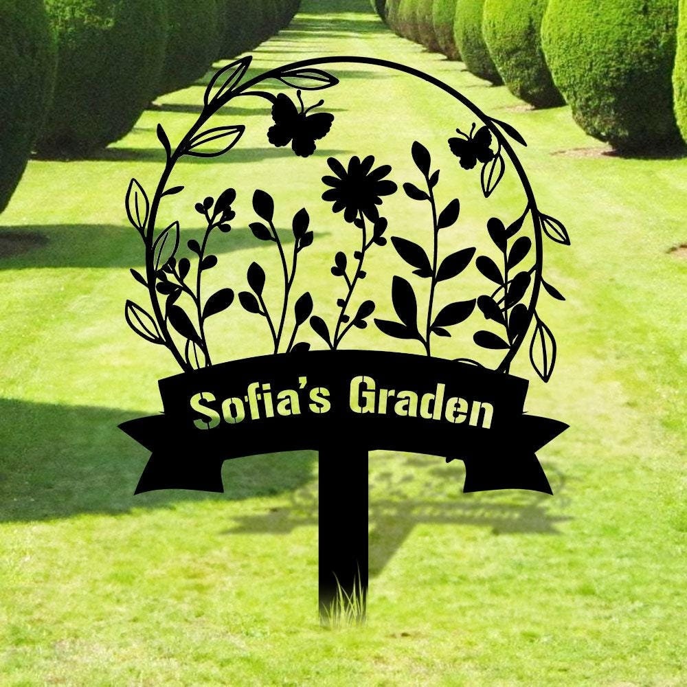 Garden Bufterfly Metal Sign, Flower Sign with Stakes, Outdoor Metal Sign, Metal Yard Art, Housewarming Gift, Garden Decor, Gifts for Mom