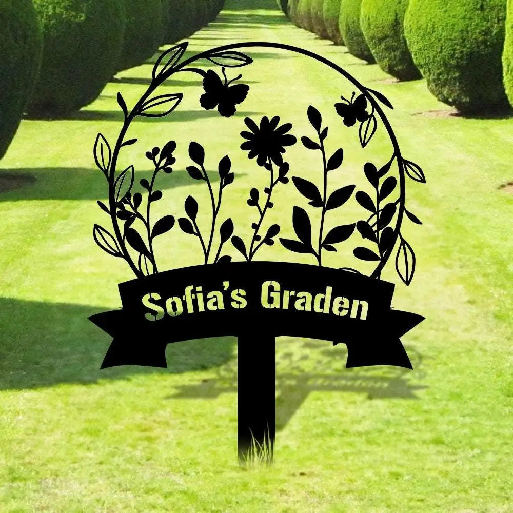 Garden Bufterfly Metal Sign Flower Sign with Stakes Outdoor Metal Sign Metal Yard Art Housewarming Gift Garden Decor