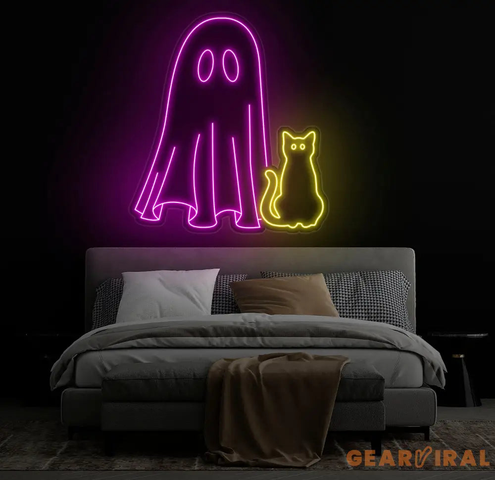 Ghost & Cat Neon Sign - Halloween Cat Ghost Decor Custom Neon Light Spooky Halloween Door Decor Unique Halloween Cat