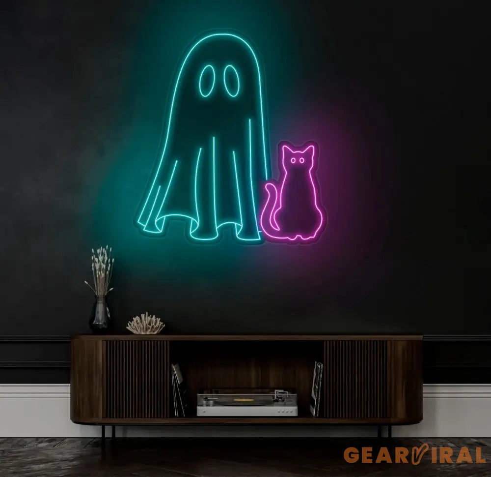 Ghost & Cat Neon Sign - Halloween Cat Ghost Decor Custom Neon Light Spooky Halloween Door Decor Unique Halloween Cat