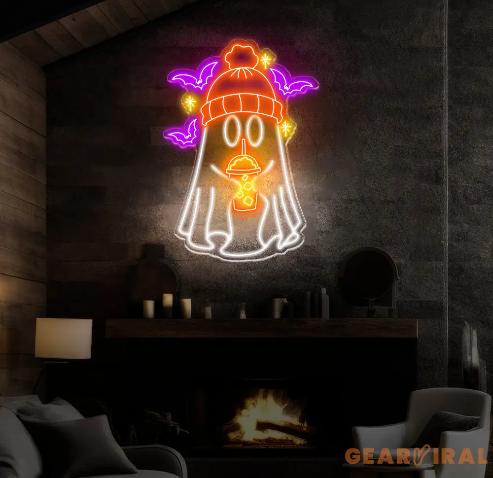 Ghost Coffee Neon Sign Spooky Boo Sign Ghost with Coffee LED Light Spooky Wall Art Ghost Drinking Coffee Sign Fall