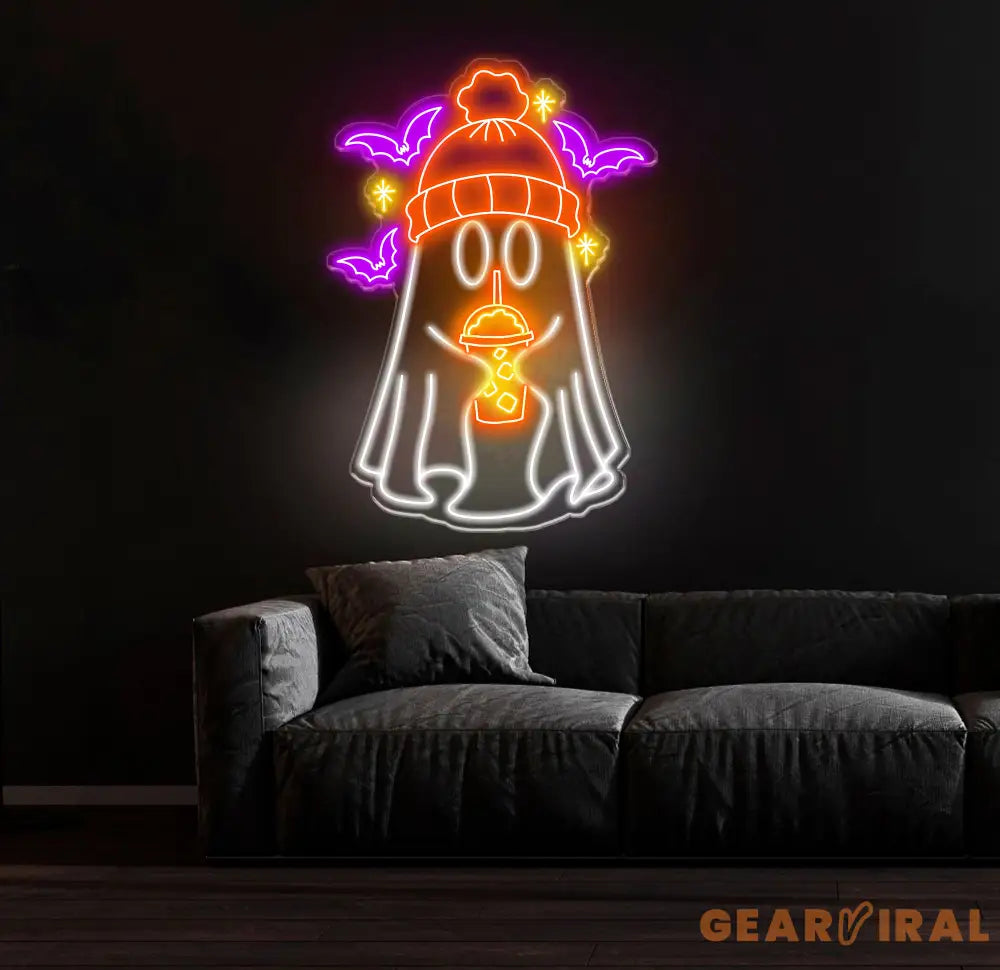 Ghost Coffee Neon Sign Spooky Boo Sign Ghost with Coffee LED Light Spooky Wall Art Ghost Drinking Coffee Sign Fall