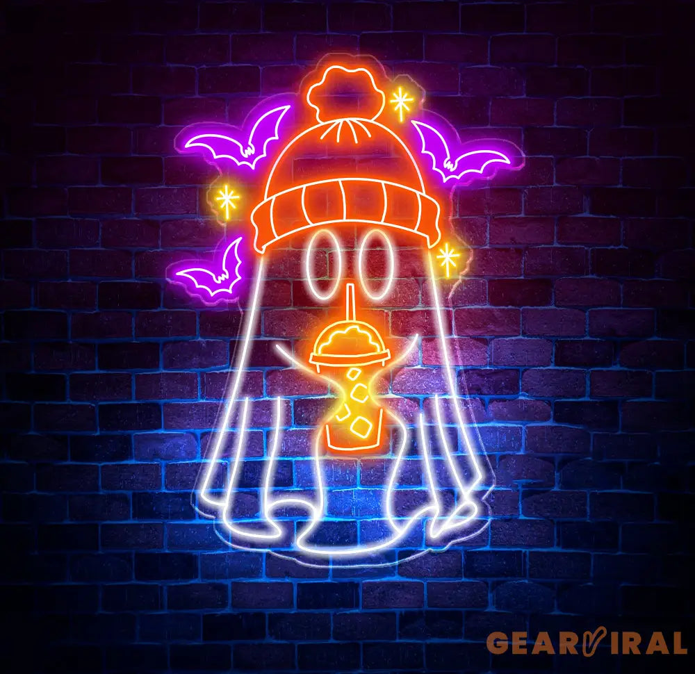 Ghost Coffee Neon Sign Spooky Boo Sign Ghost with Coffee LED Light Spooky Wall Art Ghost Drinking Coffee Sign Fall