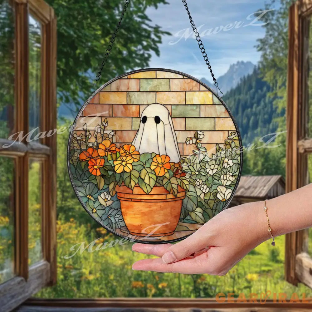 Ghost Gardener Stained Glass Suncatcher Whimsical Halloween Floral Panel Cozy Fall Window Art Cute Spooky Ghost Decor