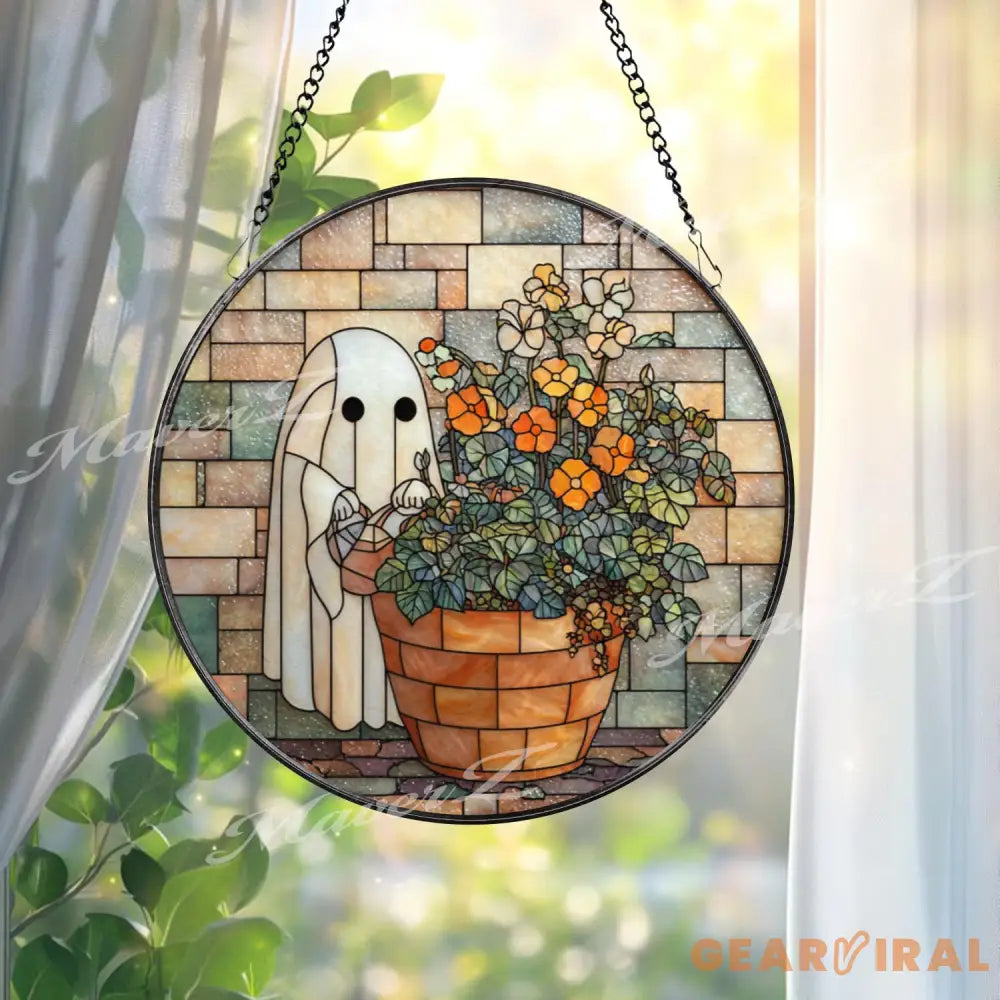 Ghost Gardener Stained Glass Suncatcher Whimsical Halloween Floral Panel Cozy Fall Window Art Cute Spooky Ghost Decor