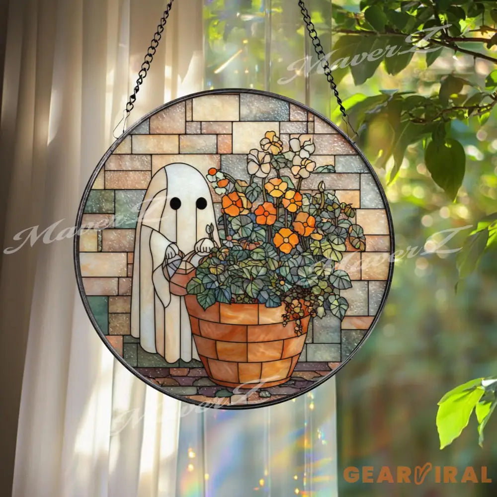 Ghost Gardener Stained Glass Suncatcher Whimsical Halloween Floral Panel Cozy Fall Window Art Cute Spooky Ghost Decor