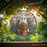 Ghost Gardener Stained Glass Suncatcher Whimsical Halloween Floral Panel Cozy Fall Window Art Cute Spooky Ghost Decor