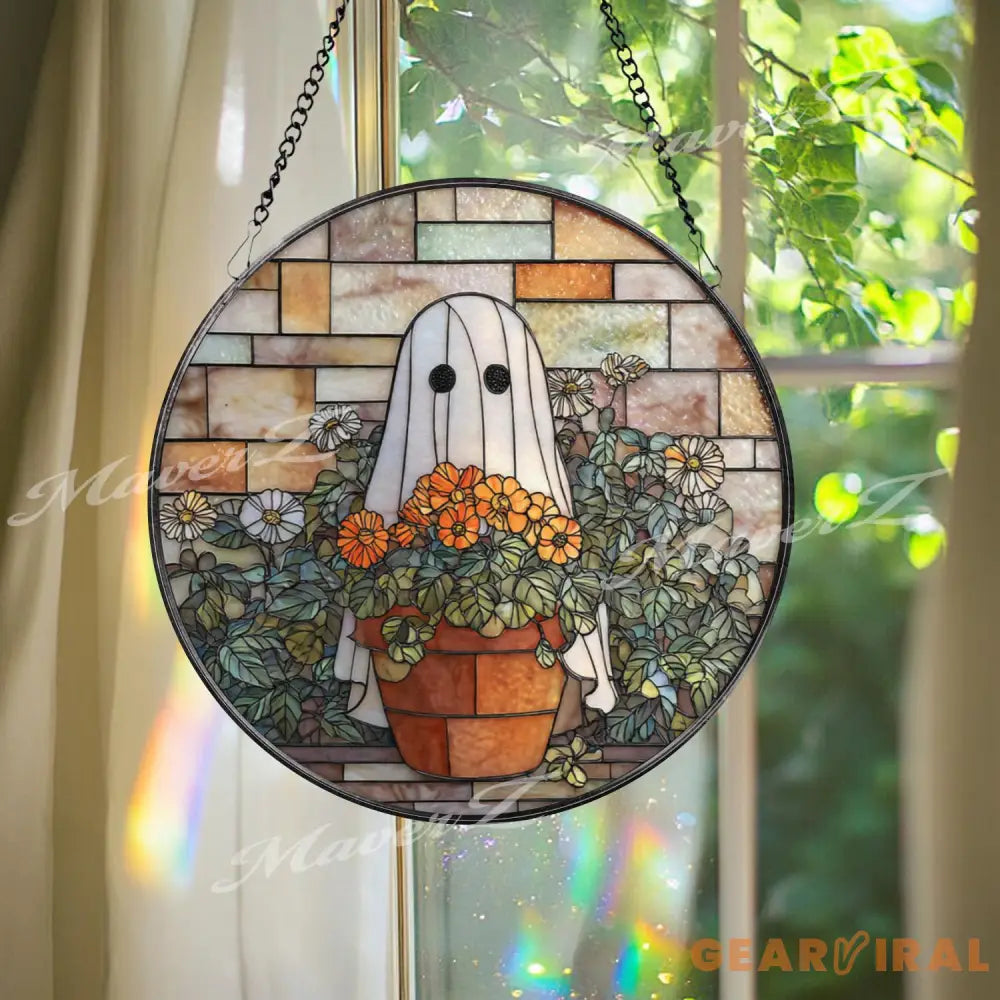Ghost Gardener Stained Glass Suncatcher Whimsical Halloween Floral Panel Cozy Fall Window Art Cute Spooky Ghost Decor