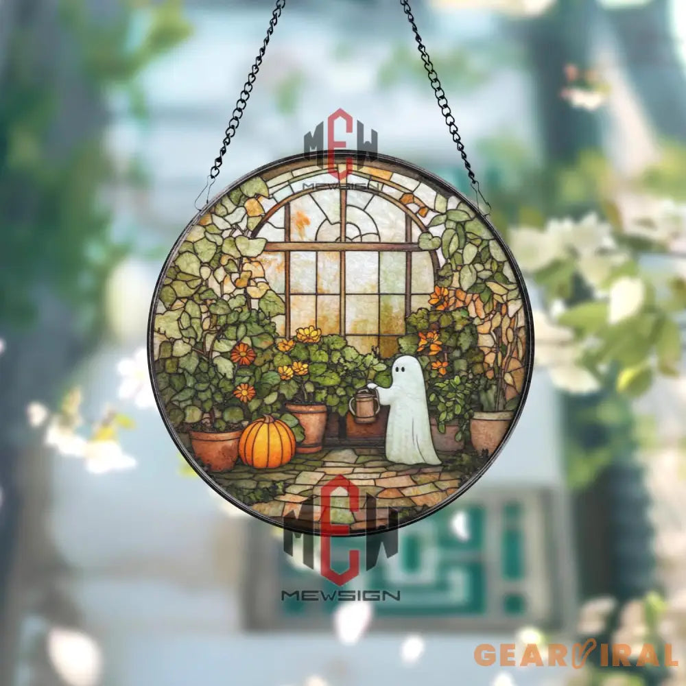 Ghost in Greenhouse Stained Glass Suncatcher Cute Fall Window Panel Spooky Autumn Garden Decor Halloween Gift for Plant