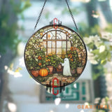 Ghost in Greenhouse Stained Glass Suncatcher Cute Fall Window Panel Spooky Autumn Garden Decor Halloween Gift for Plant