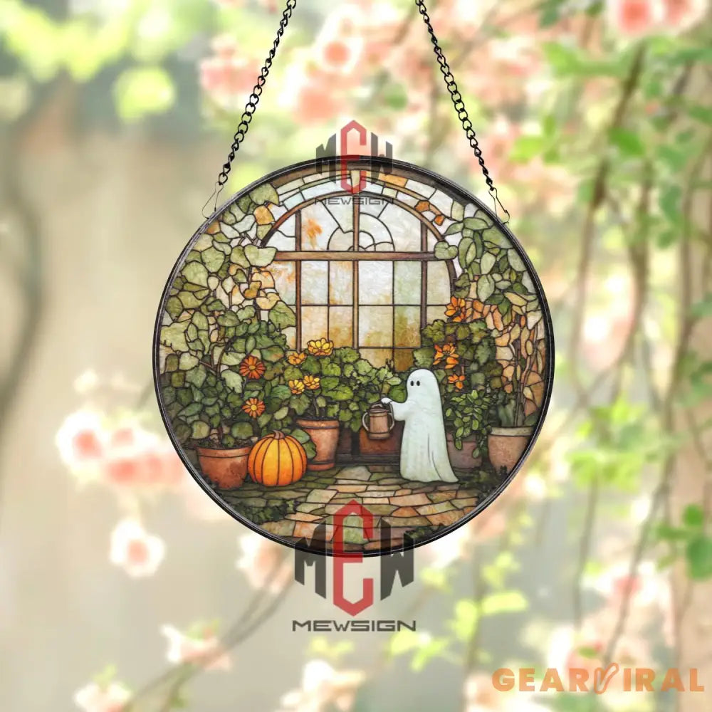 Ghost in Greenhouse Stained Glass Suncatcher Cute Fall Window Panel Spooky Autumn Garden Decor Halloween Gift for Plant