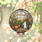 Ghost in Greenhouse Stained Glass Suncatcher Cute Fall Window Panel Spooky Autumn Garden Decor Halloween Gift for Plant