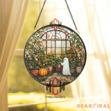 Ghost in Greenhouse Stained Glass Suncatcher Cute Fall Window Panel Spooky Autumn Garden Decor Halloween Gift for Plant
