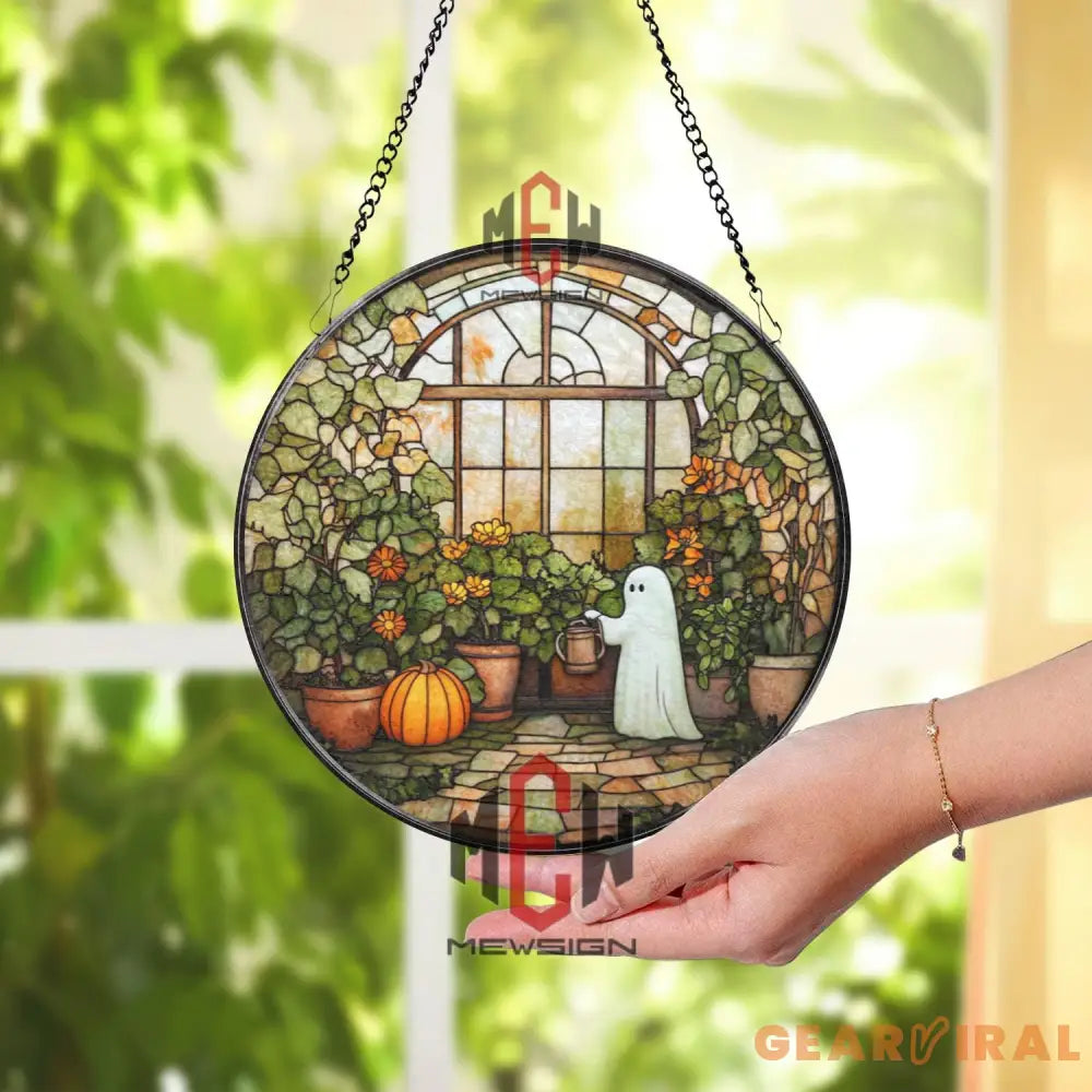 Ghost in Greenhouse Stained Glass Suncatcher Cute Fall Window Panel Spooky Autumn Garden Decor Halloween Gift for Plant