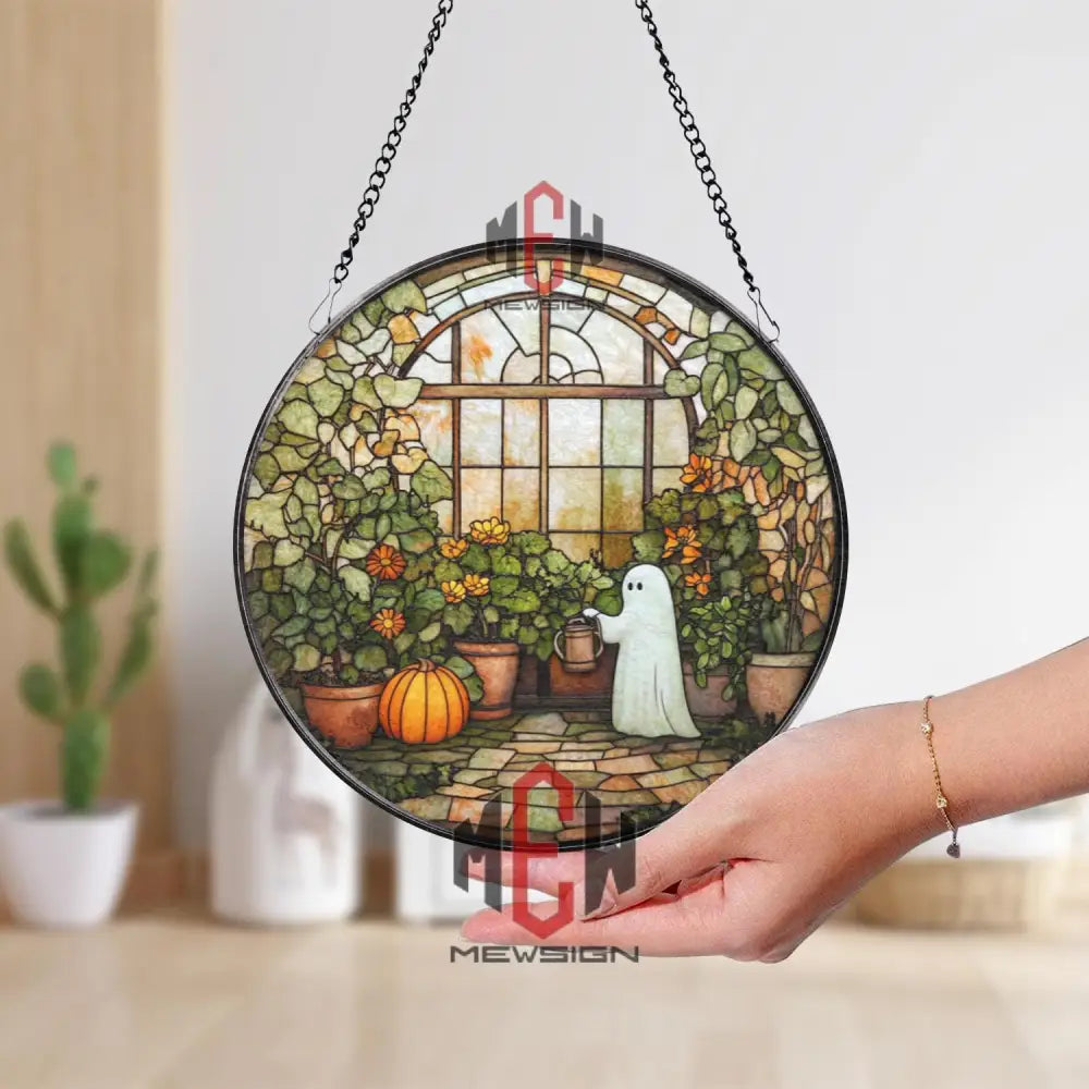Ghost in Greenhouse Stained Glass Suncatcher Cute Fall Window Panel Spooky Autumn Garden Decor Halloween Gift for Plant