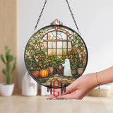 Ghost in Greenhouse Stained Glass Suncatcher Cute Fall Window Panel Spooky Autumn Garden Decor Halloween Gift for Plant