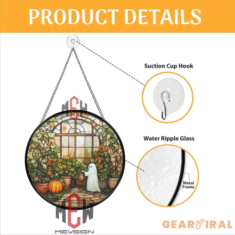 Ghost in Greenhouse Stained Glass Suncatcher Cute Fall Window Panel Spooky Autumn Garden Decor Halloween Gift for Plant