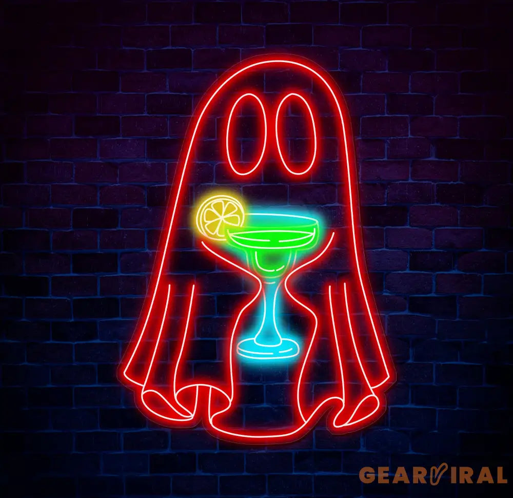 Ghost with Cocktail Neon Sign - Halloween Party Decor Spooky Drink Wall Art Custom Ghost Neon Light Fun Halloween Bar