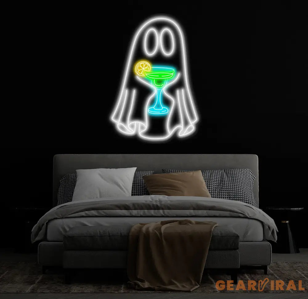 Ghost with Cocktail Neon Sign - Halloween Party Decor Spooky Drink Wall Art Custom Ghost Neon Light Fun Halloween Bar