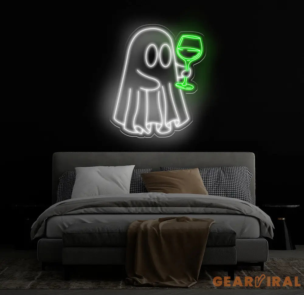 Ghost with Wine Glass Neon Sign - Fun Spooky Wine Lover LED Light Ghost Party Decor Bar Sign Custom Wine Neon Art for
