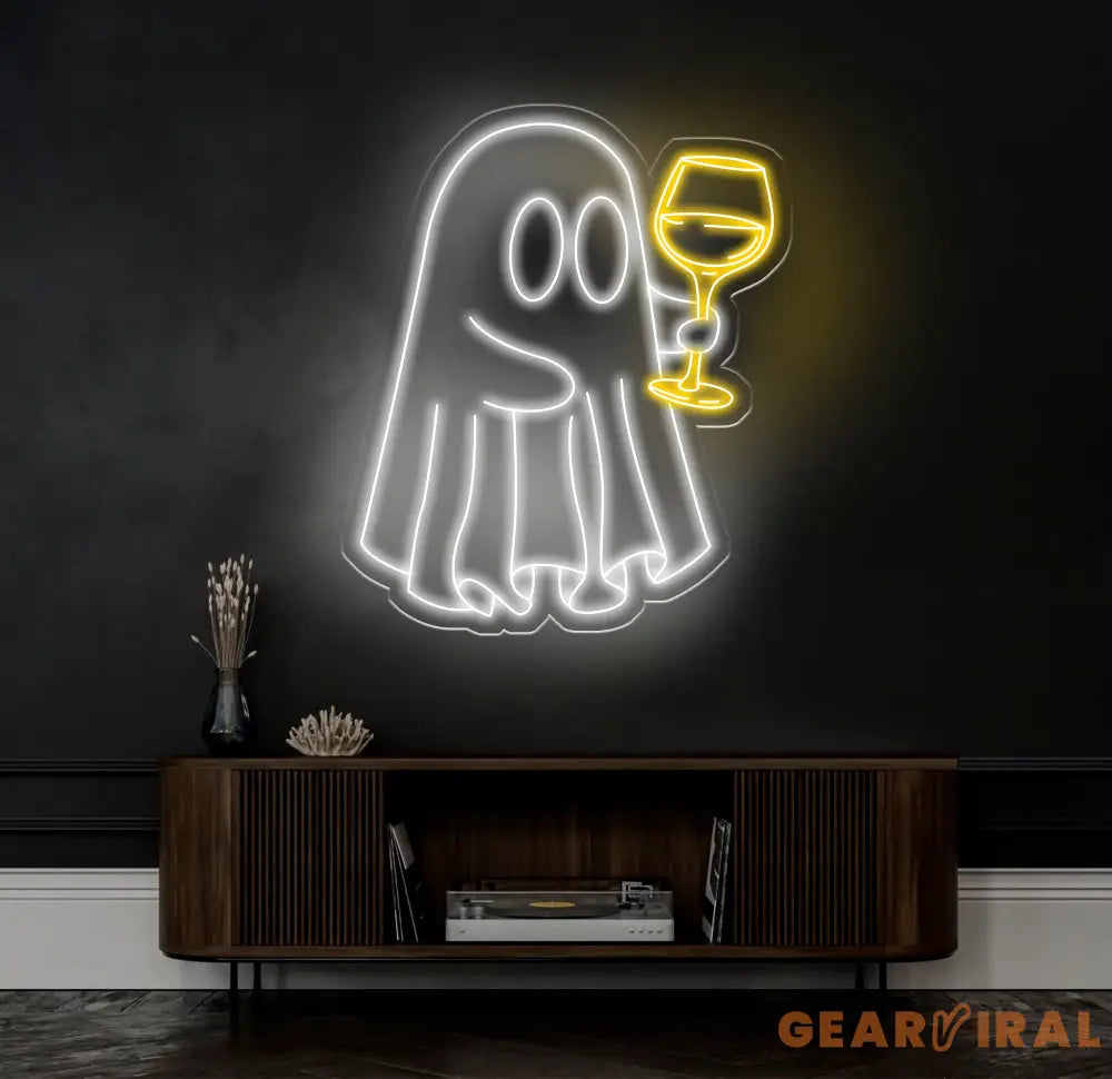 Ghost with Wine Glass Neon Sign - Fun Spooky Wine Lover LED Light Ghost Party Decor Bar Sign Custom Wine Neon Art for