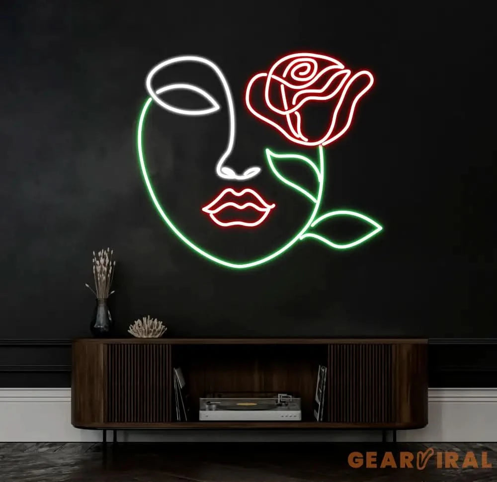 Girl Half Face & Rose Neon Sign Abstract Face Led Sign Custom Neon Sign Half Face Wall Decor Abstract Face Night Light