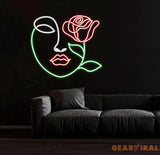Girl Half Face & Rose Neon Sign Abstract Face Led Sign Custom Neon Sign Half Face Wall Decor Abstract Face Night Light