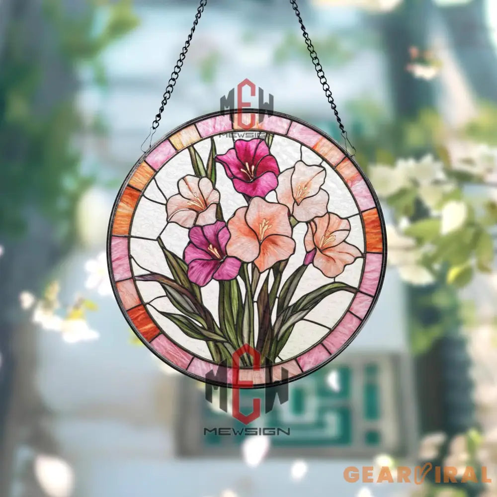 Gladiolus Stained Glass Suncatcher Elegant Floral Window Panel Pink & Peach Flower Decor Garden Gift for Plant and