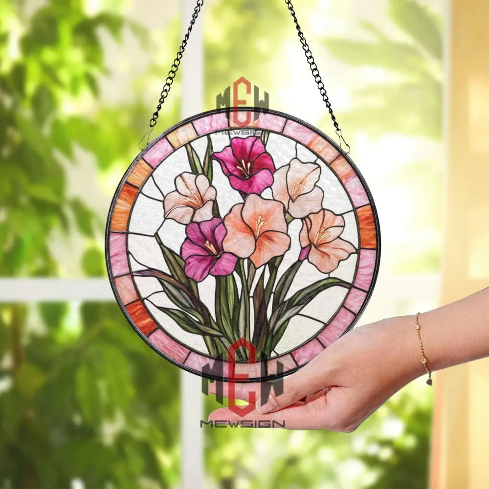 Gladiolus Stained Glass Suncatcher Elegant Floral Window Panel Pink & Peach Flower Decor Garden Gift for Plant and