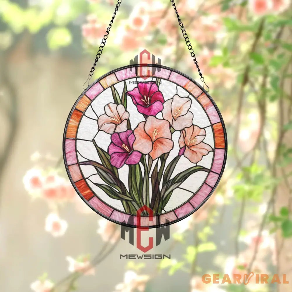 Gladiolus Stained Glass Suncatcher Elegant Floral Window Panel Pink & Peach Flower Decor Garden Gift for Plant and