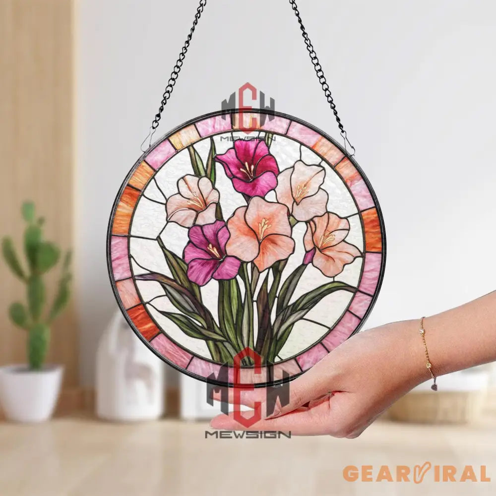 Gladiolus Stained Glass Suncatcher Elegant Floral Window Panel Pink & Peach Flower Decor Garden Gift for Plant and