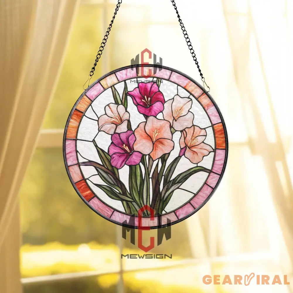 Gladiolus Stained Glass Suncatcher Elegant Floral Window Panel Pink & Peach Flower Decor Garden Gift for Plant and